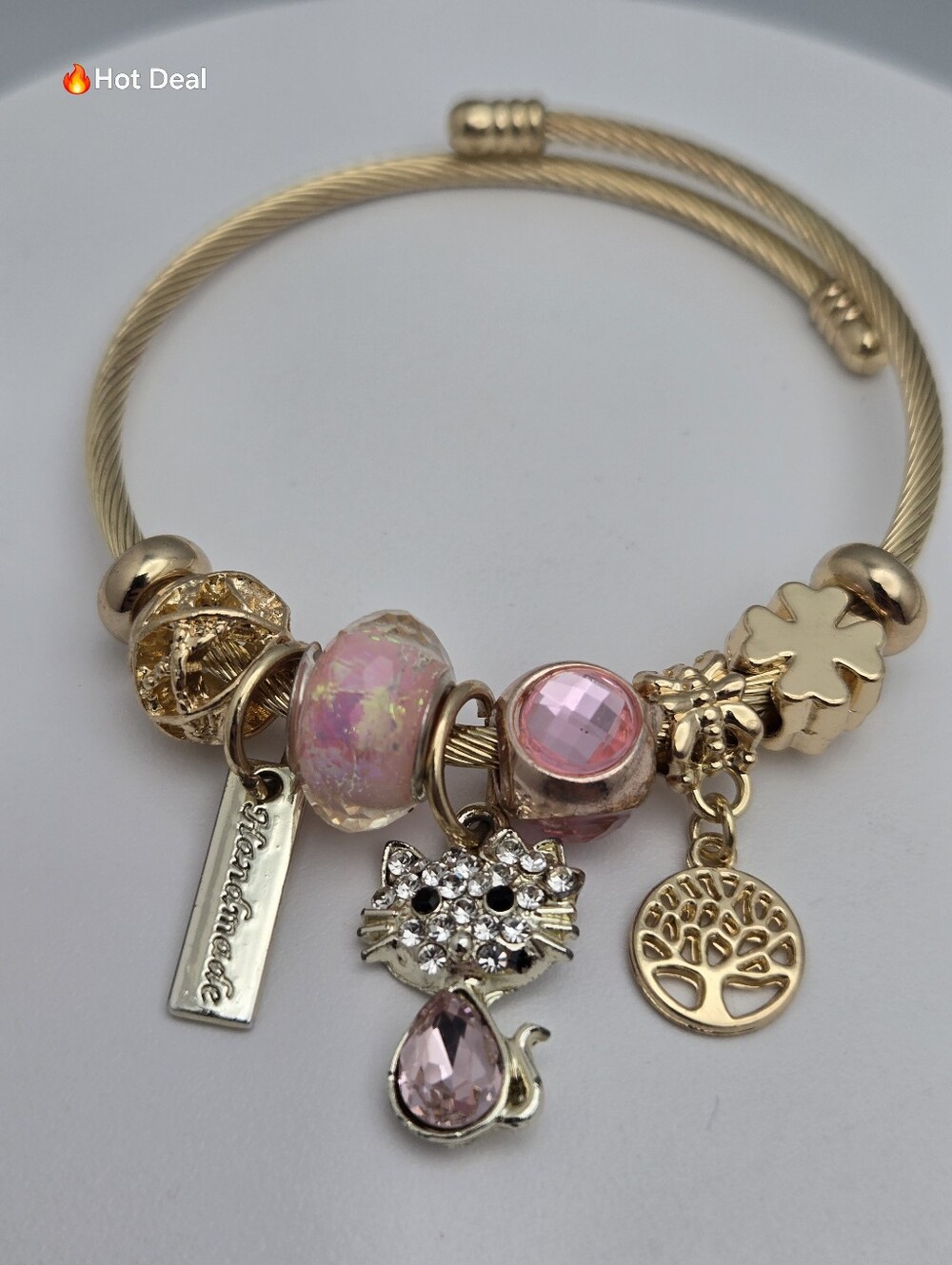 Gold Tone Pandora Style Charm Bracelet Pink Crystal Flower Tree of Life Cat